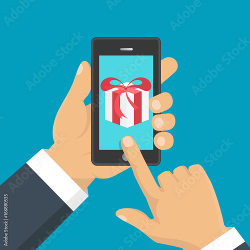 Gift app page on smartphone screen. Hand hold smartphone. Mobile concept for web banners, web sites, infographics. Vector illustration
