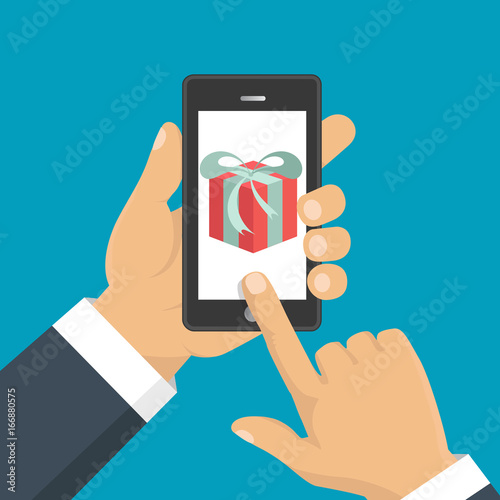 Gift app page on smartphone screen. Hand hold smartphone. Mobile concept for web banners, web sites, infographics. Vector illustration