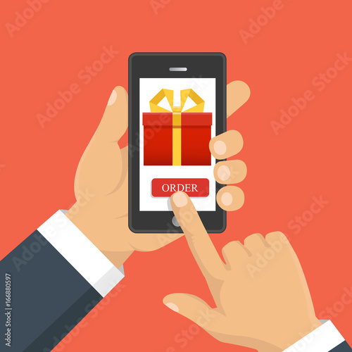 Gift app page on smartphone screen. Hand hold smartphone. Mobile concept for web banners, web sites, infographics. Vector illustration
