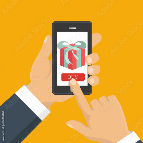 Gift app page on smartphone screen. Hand hold smartphone. Mobile concept for web banners, web sites, infographics. Vector illustration