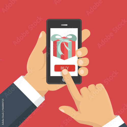 Gift app page on smartphone screen. Hand hold smartphone. Mobile concept for web banners, web sites, infographics. Vector illustration