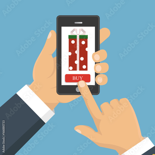 Gift app page on smartphone screen. Hand hold smartphone. Mobile concept for web banners, web sites, infographics. Vector illustration