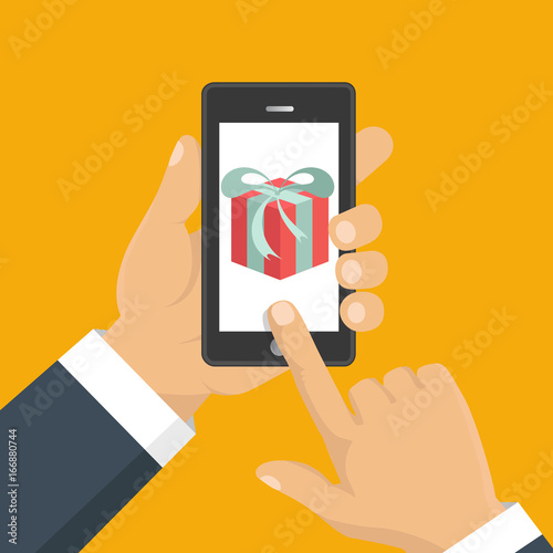 Gift app page on smartphone screen. Hand hold smartphone. Mobile concept for web banners, web sites, infographics. Vector illustration