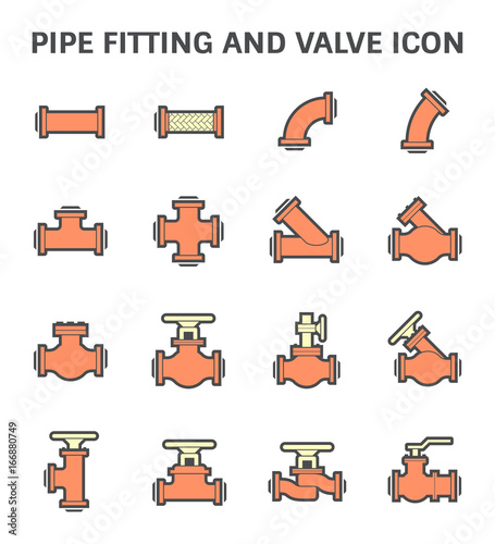 Pipe icon and flange fitting. Include control valve and metal hose or flexible metal. For pipeline construction to transportation liquid or gas i.e. oil, natural gas. Also for sewage, plumbing etc.