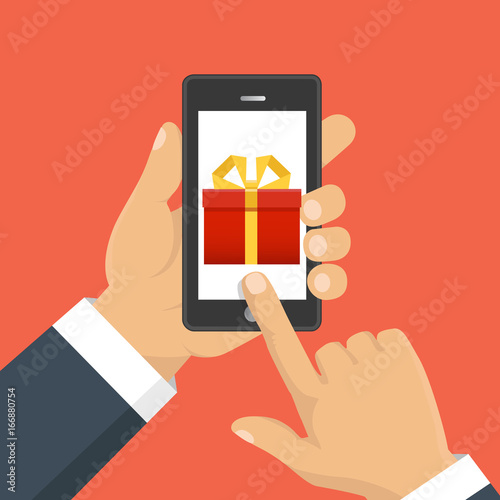 Gift app page on smartphone screen. Hand hold smartphone. Mobile concept for web banners, web sites, infographics. Vector illustration