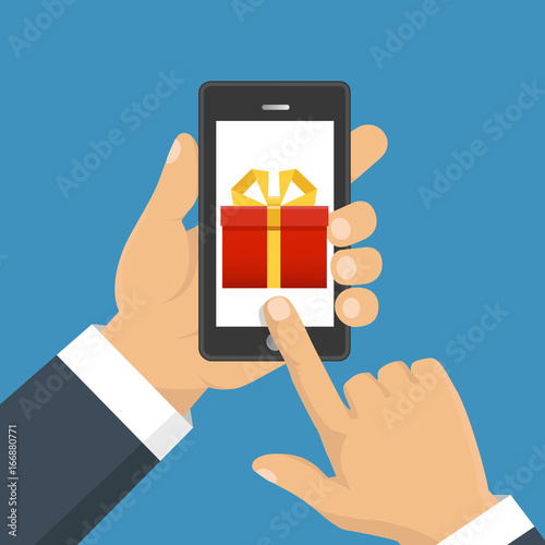 Gift app page on smartphone screen. Hand hold smartphone. Mobile concept for web banners, web sites, infographics. Vector illustration