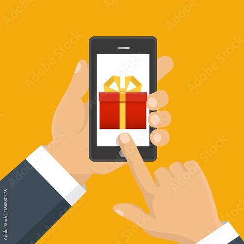Gift app page on smartphone screen. Hand hold smartphone. Mobile concept for web banners, web sites, infographics. Vector illustration