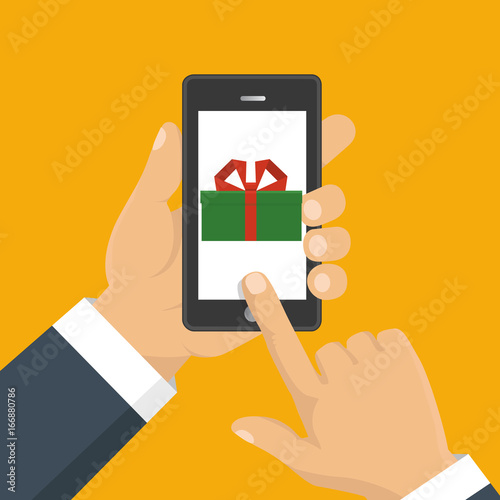 Gift app page on smartphone screen. Hand hold smartphone. Mobile concept for web banners, web sites, infographics. Vector illustration