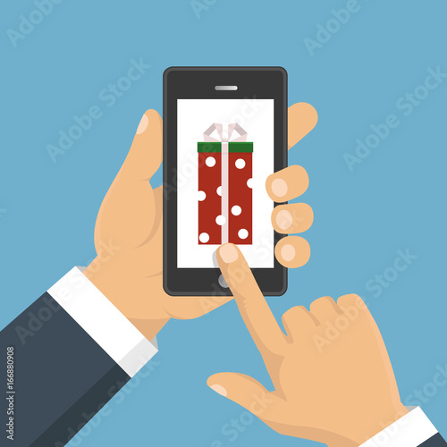 Gift app page on smartphone screen. Hand hold smartphone. Mobile concept for web banners, web sites, infographics. Vector illustration