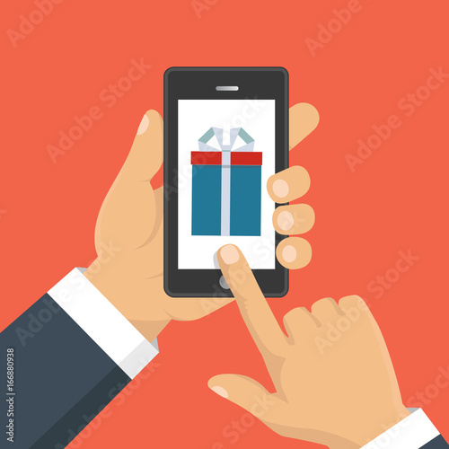 Gift app page on smartphone screen. Hand hold smartphone. Mobile concept for web banners, web sites, infographics. Vector illustration