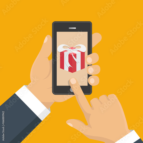 Gift app page on smartphone screen. Hand hold smartphone. Mobile concept for web banners, web sites, infographics. Vector illustration