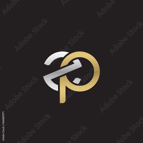 Initial lowercase letter zp, linked overlapping circle chain shape logo, silver gold colors on black background