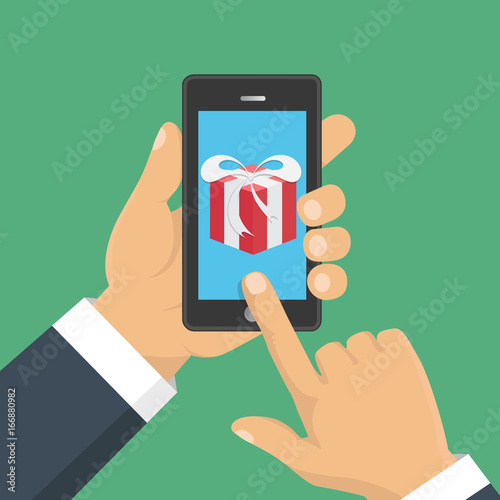 Gift app page on smartphone screen. Hand hold smartphone. Mobile concept for web banners, web sites, infographics. Vector illustration