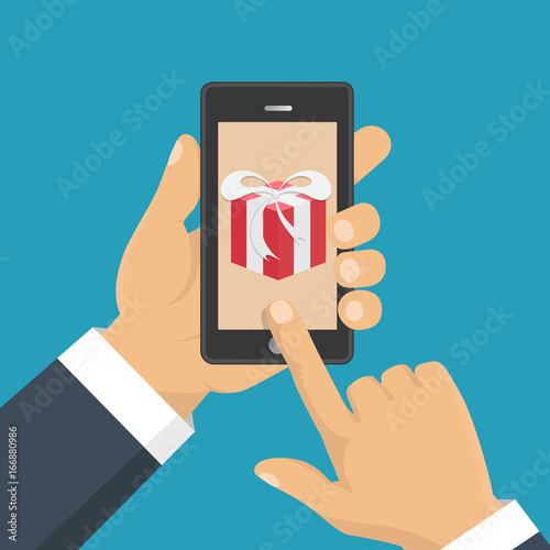 Gift app page on smartphone screen. Hand hold smartphone. Mobile concept for web banners, web sites, infographics. Vector illustration