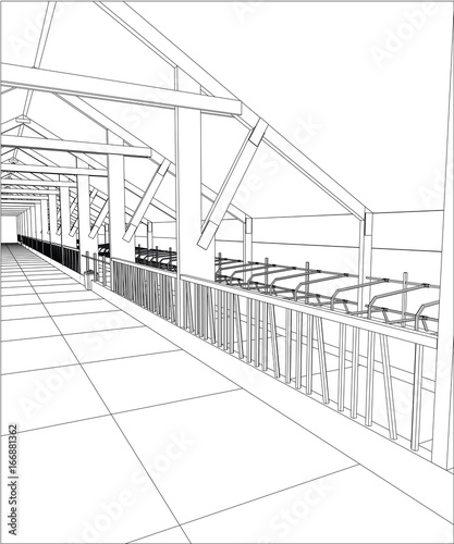 Industrial building wireframe for abstract background.Tracing illustration of 3d.