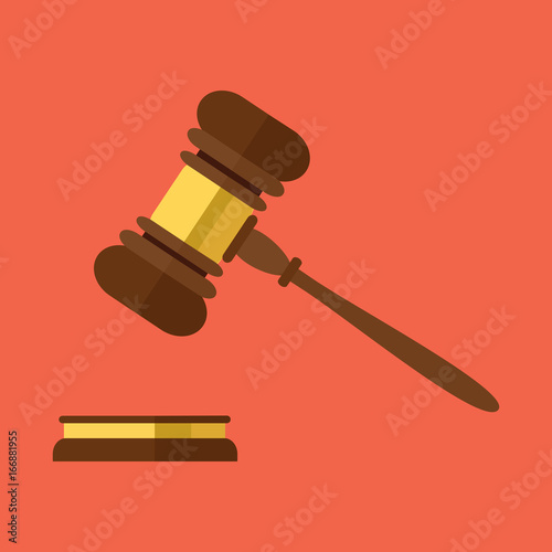 A wooden judge gavel, hammer of judge or auctioneer and soundboard, vector illustration. Flat style isolated on background