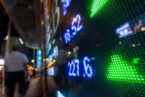 Stock market quotes with city scene reflect on glass