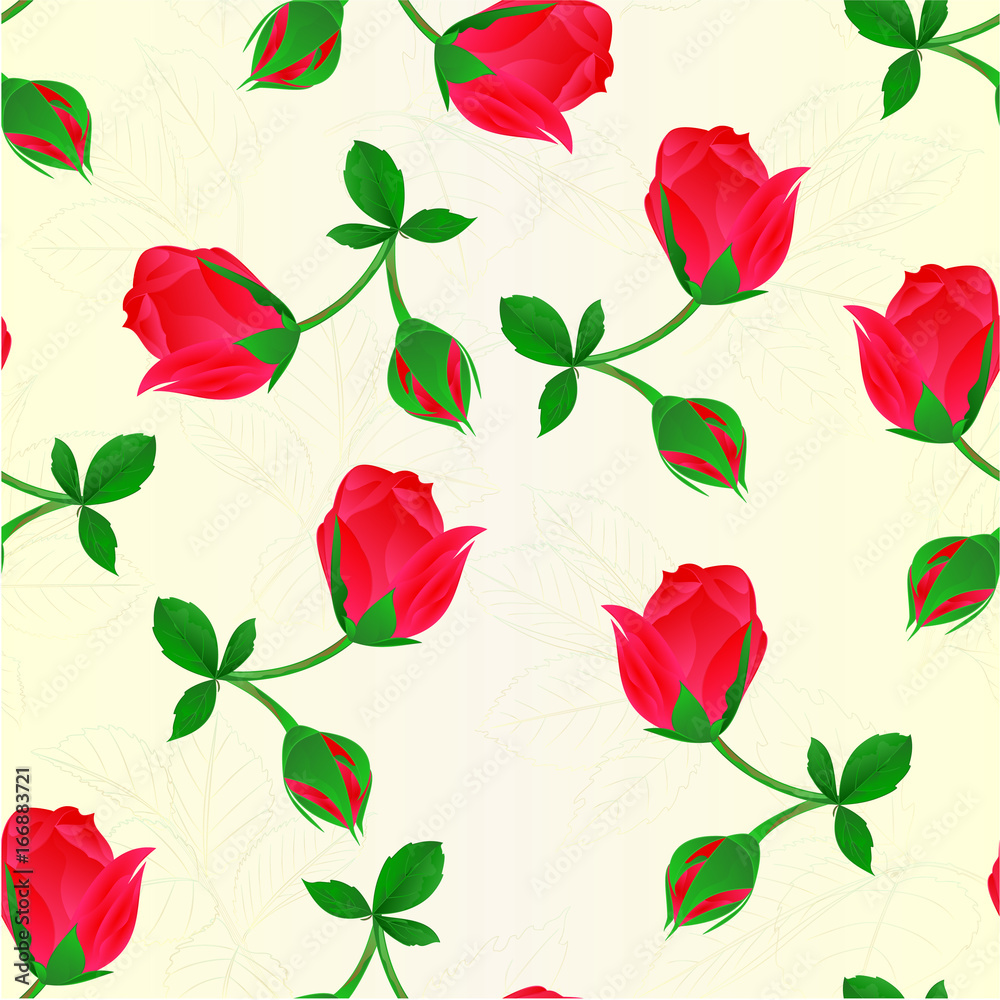 Seamless texture red Rosebud   stem with leaves and blossoms vintage vector illustration editable hand draw