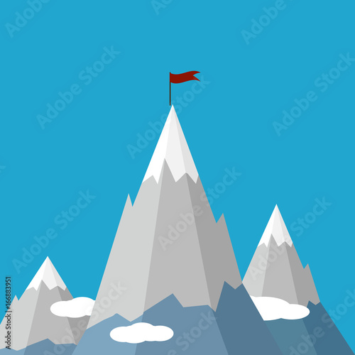 Vector graphics, flat style. Business concept. Mountains and up arrow. Flag on top of the mountain. Success symbol © Yuliia