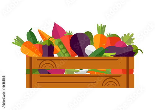 Set of fresh vegetables in a wooden box. Vector illustration, harvest