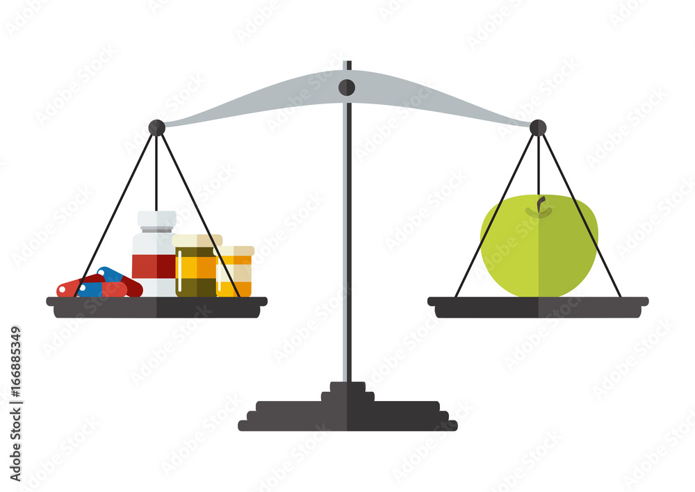 Healthy concept. Vector. Medicine and fresh apple on the scale. Healthy concept. Vector. Medicine and fresh apple on the scale.