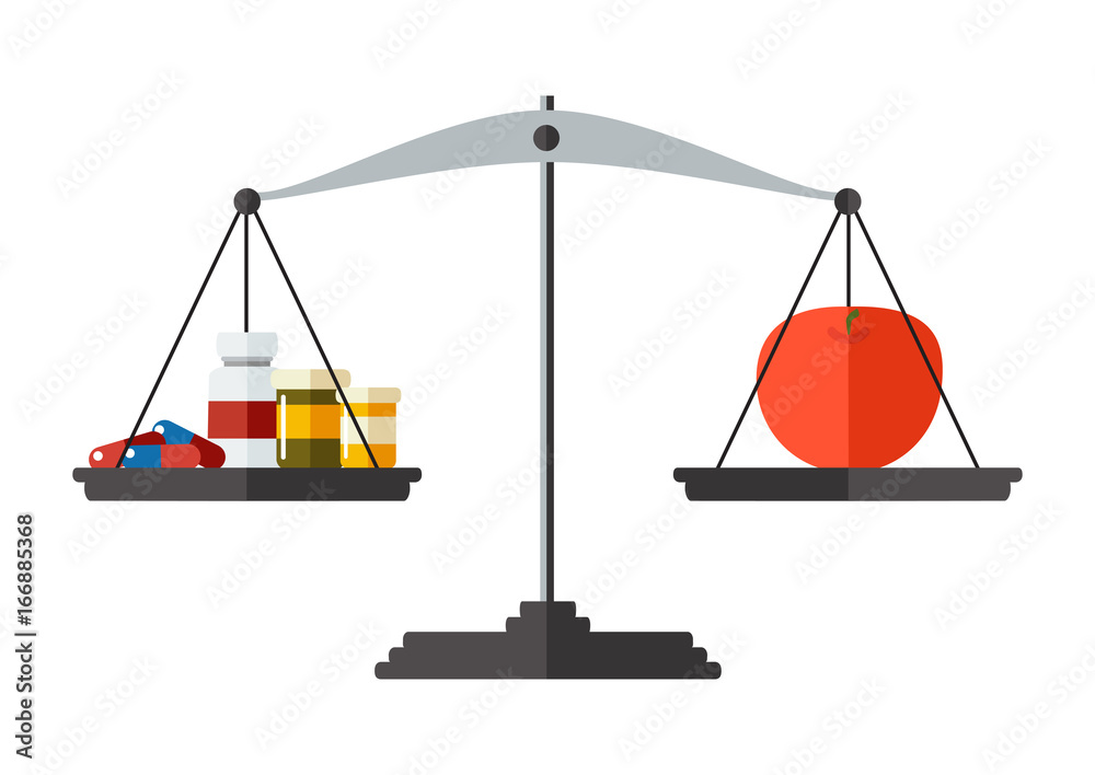 Healthy concept. Vector. Medicine and fresh apple on the scale. Healthy concept. Vector. Medicine and fresh apple on the scale.