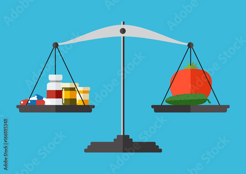 Healthy concept. Vector. Medicine and fresh vegetables on the scale.