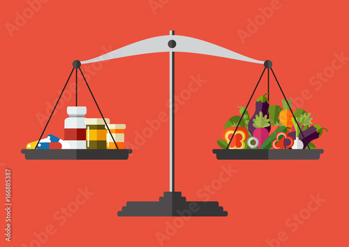 Healthy concept. Vector. Medicine and fresh vegetables on the scale.