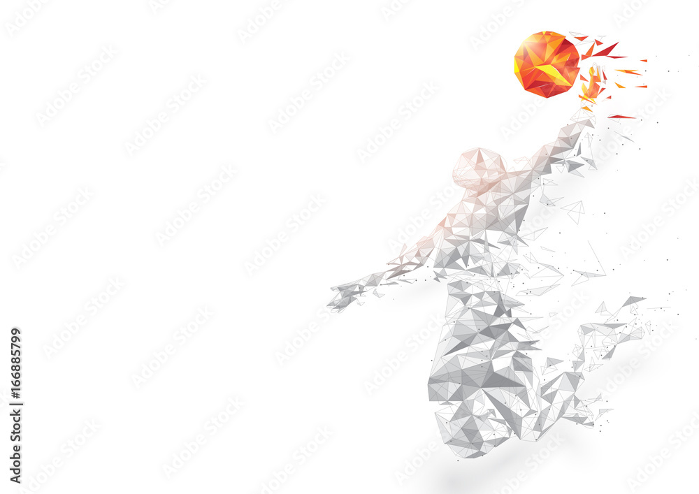 Fototapeta premium Abstract low polygon basketball player jumping dunking wireframe mesh on white background