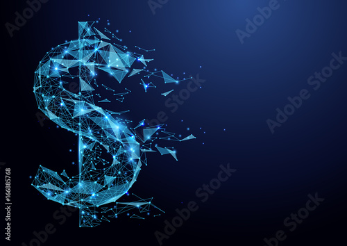 Abstract low polygon American dollar icon wireframe mesh on blue background