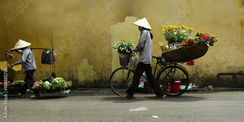 street seller of flowers with bicycle in the street of hanoi