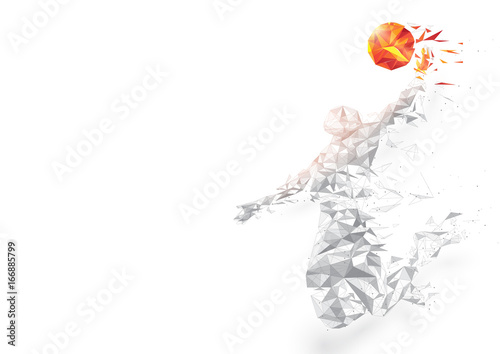  Abstract low polygon basketball player jumping dunking wireframe mesh on white background