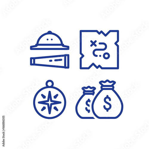 Treasure map, quest items, team action game, adventure concept, line icons