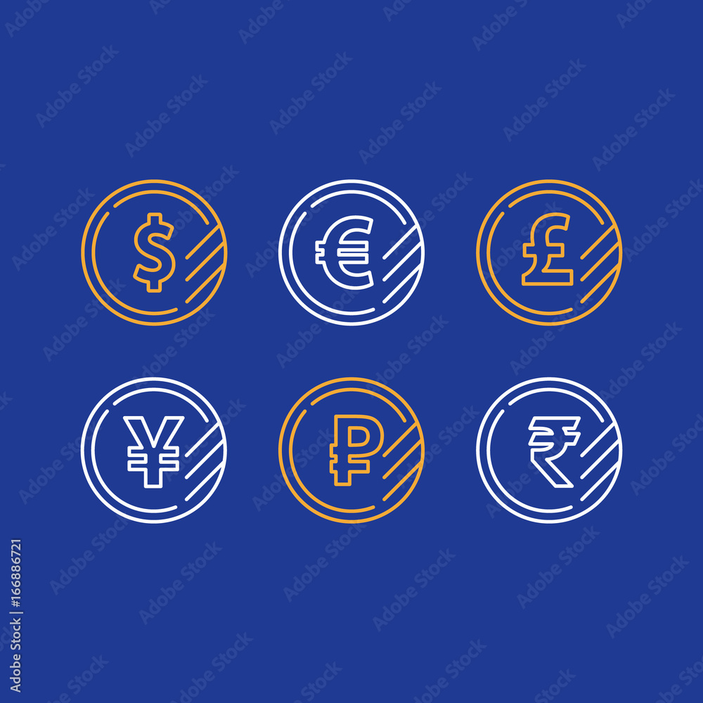 Dollar coin, euro sign, pound line icon, yen currency, ruble symbol Dollar coin, euro sign, pound line icon, yen currency, ruble symbol