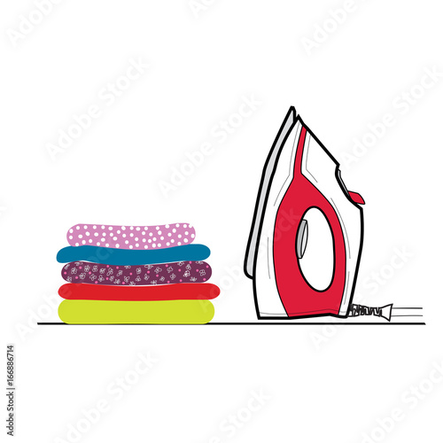 Illustration of pile of colorful clothes and red electric iron on white background eps10