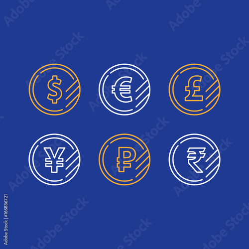 Dollar coin, euro sign, pound line icon, yen currency, ruble symbol