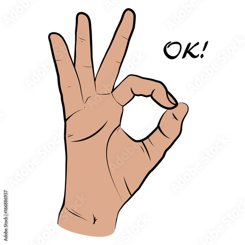 Human hand, OK sight, fingers showing symbol of a great state. Vector isolated sketch style, hand drawn illustration
