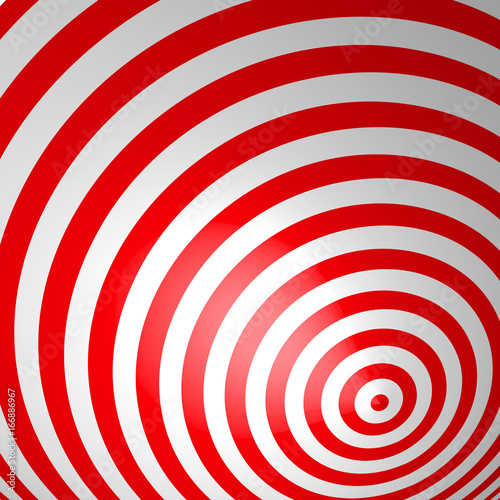 Red volumetric striped background. Concentric circles. Red and white spiral w...