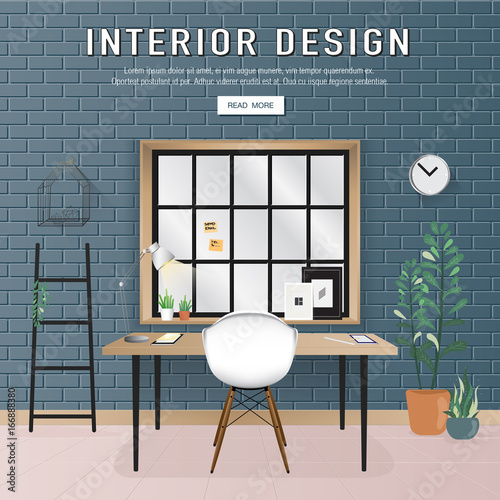 Minimal Workspace Interior Design on blue brick wall
