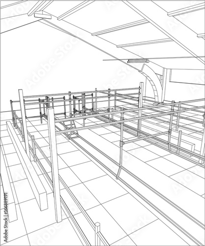 Abstract industrial building constructions indoor. Tracing illustration of 3d.