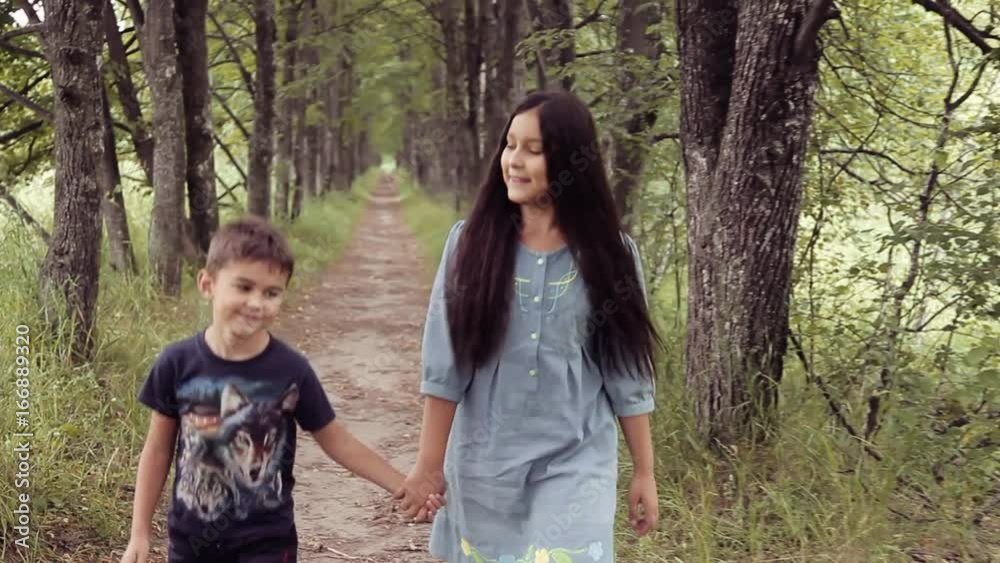 Cute happy little brother and sister are walking along the alley by day holding hands