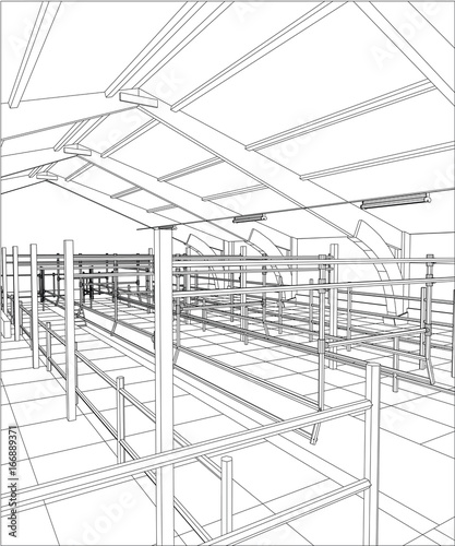 Abstract industrial building constructions indoor. Tracing illustration of 3d.