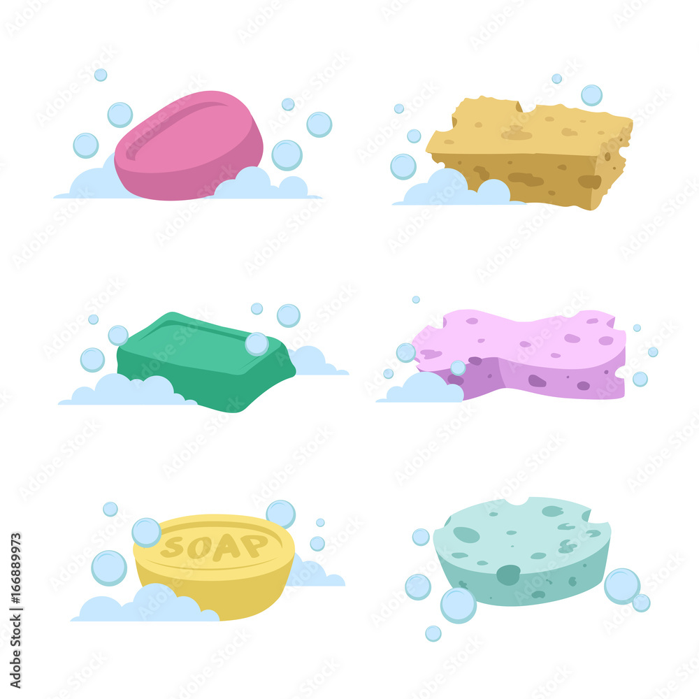Trendy cartoon style bath and health care set. Different colors soaps and spoonges with bubbles. Trendy cartoon style bath and health care set. Different colors soaps and spoonges with bubbles.