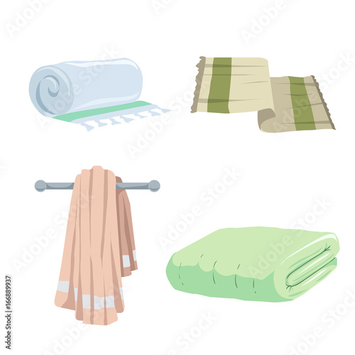 Trendy cartoon style towels cion set. Bath, home, hotel flat symbols. Vector hygiene illustration collection.