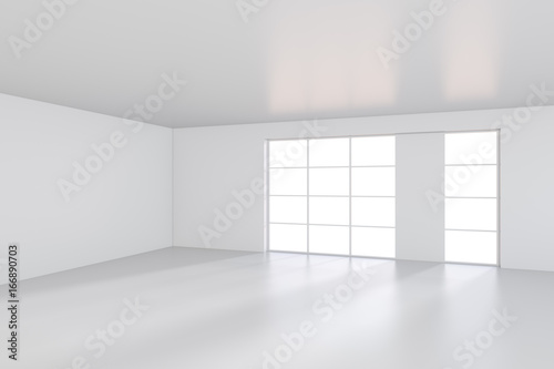 Light scattered light falling from the window into the white room. 3D rendering.