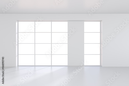 Large window in white room with a bright light. 3D rendering.