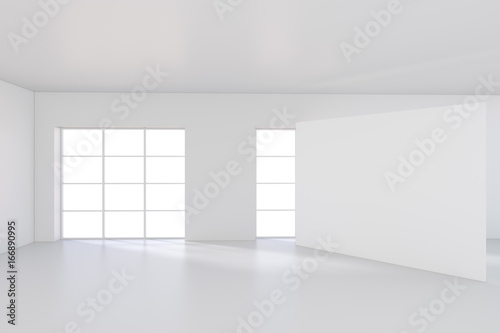 White billboard standing near a window in a white room. 3D rendering.