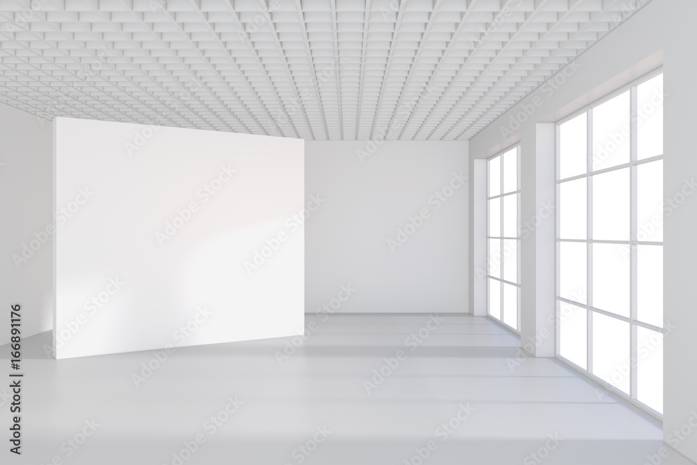 White billboard in an empty office with large windows and beautiful diffused light from the window. 3D rendering. White billboard in an empty office with large windows and beautiful diffused light from the window. 3D rendering.