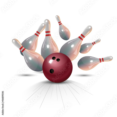 Realistic bowling strike concept on white background.