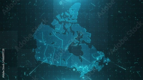 Canada map with an animation camera, glowing round connections in different places and other visual effects.